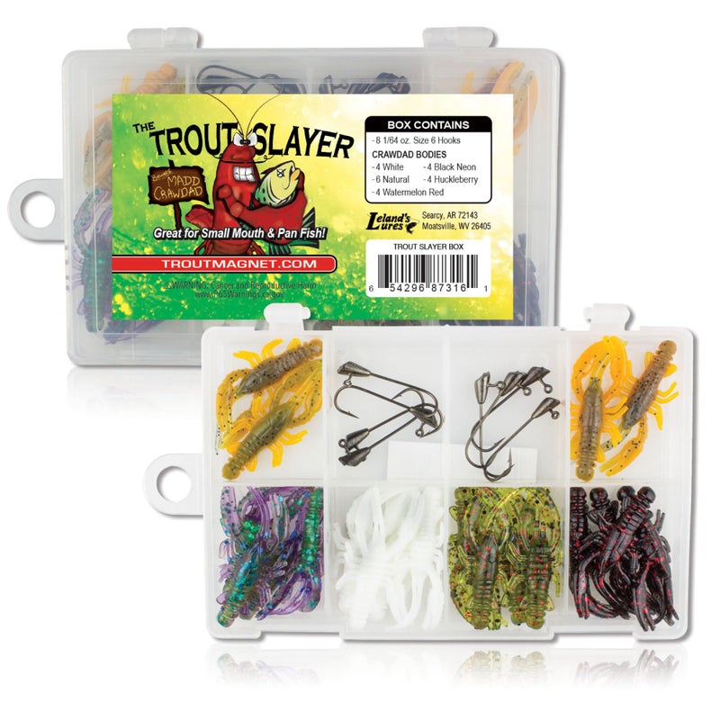 Trout Magnet Trout Slayer 28 Piece Fishing Kit, Includes 20 Crawdad Bodies and 8 Size 6 Long Shank Hooks, Great for Small Streams and Lakes, Catches All Species, White - Image 1